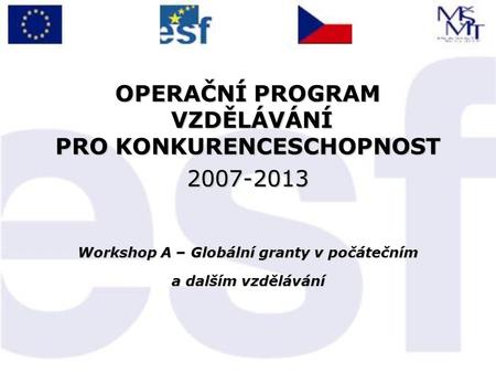 OPERAČNÍ PROGRAM VZDĚLÁVÁNÍ PRO KONKURENCESCHOPNOST 2007-2013 Workshop A – Globální granty v počátečním a dalším vzdělávání.