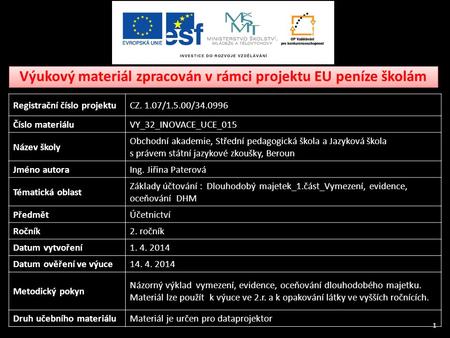 Výukový materiál zpracován v rámci projektu EU peníze školám 1 Registrační číslo projektuCZ. 1.07/1.5.00/34.0996 Číslo materiáluVY_32_INOVACE_UCE_015.