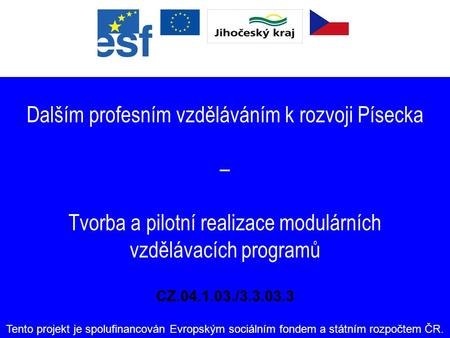 Dalším profesním vzděláváním k rozvoji Písecka – Tvorba a pilotní realizace modulárních vzdělávacích programů CZ.04.1.03./3.3.03.3 Tento projekt je spolufinancován.
