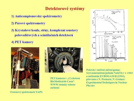 Detektorové systémy 1) Anticomptonovské spektrometry 2) Párové spektrometry 3) Krystalové koule, stěny, komplexní soustavy polovodičových a scintilačních.