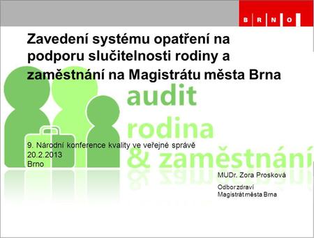 Zavedení systému opatření na podporu slučitelnosti rodiny a zaměstnání na Magistrátu města Brna 9. Národní konference kvality ve veřejné správě 20.2.2013.