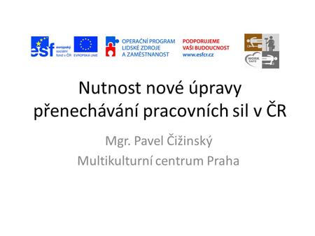 Nutnost nové úpravy přenechávání pracovních sil v ČR Mgr. Pavel Čižinský Multikulturní centrum Praha.