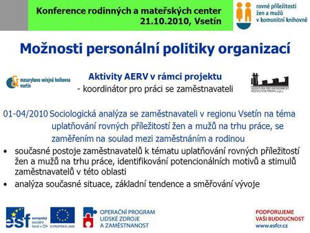 Konference rodinných a mateřských center 21.10.2010, Vsetín Možnosti personální politiky organizací Aktivity AERV v rámci projektu - koordinátor pro práci.