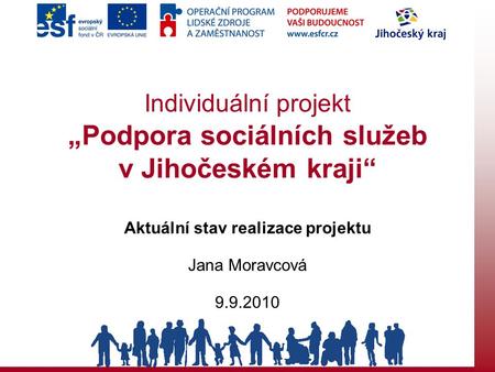 Individuální projekt „Podpora sociálních služeb v Jihočeském kraji“ Aktuální stav realizace projektu Jana Moravcová 9.9.2010.