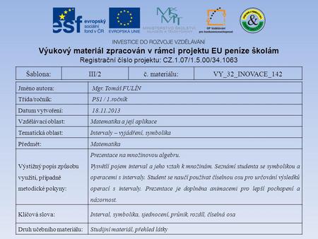 Výukový materiál zpracován v rámci projektu EU peníze školám