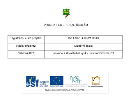 PROJEKT EU - PENÍZE ŠKOLÁM Registrační číslo projektuCZ.1.07/1.4.00/21.3313 Název projektuModerní škola Šablona III/2Inovace a zkvalitnění výuky prostřednictvím.