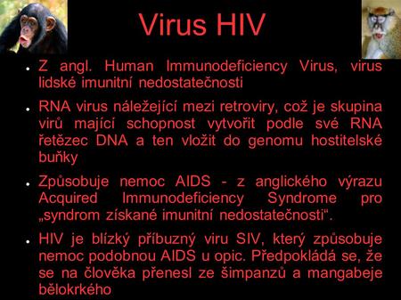 Virus HIV Z angl. Human Immunodeficiency Virus, virus lidské imunitní nedostatečnosti RNA virus náležející mezi retroviry, což je skupina virů mající.