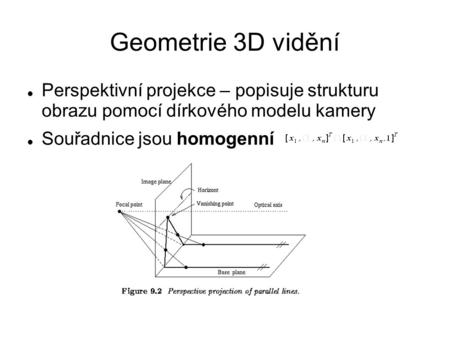 Geometrie 3D vidění Perspektivní projekce – popisuje strukturu obrazu pomocí dírkového modelu kamery Souřadnice jsou homogenní.