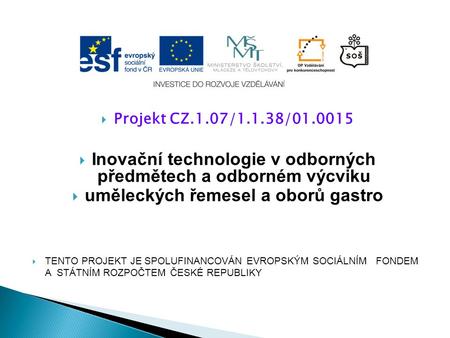  Projekt CZ.1.07/1.1.38/01.0015  Inovační technologie v odborných předmětech a odborném výcviku  uměleckých řemesel a oborů gastro  TENTO PROJEKT JE.