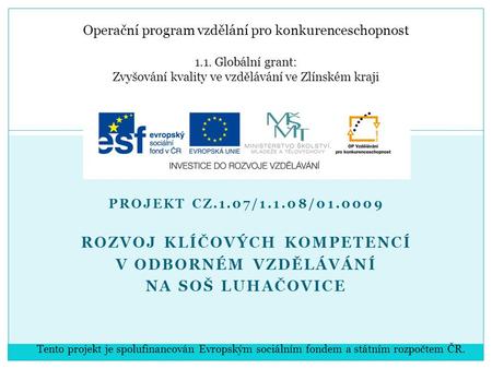Operační program vzdělání pro konkurenceschopnost 1.1. Globální grant: Zvyšování kvality ve vzdělávání ve Zlínském kraji PROJEKT CZ.1.07/1.1.08/01.0009.