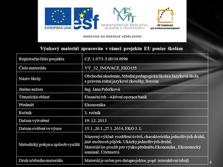 1 Výukový materiál zpracován v rámci projektu EU peníze školám Registrační číslo projektuCZ. 1.07/1.5.00/34.0996 Číslo materiáluVY_32_INOVACE_EKO155 Název.