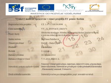 1 Výukový materiál zpracován v rámci projektu EU peníze školám Registrační číslo projektuCZ. 1.07/1.5.00/34.0996 Číslo materiáluVY_32_INOVACE_EKO171 Název.