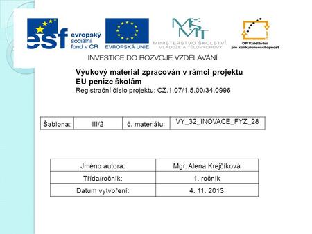 Výukový materiál zpracován v rámci projektu EU peníze školám Registrační číslo projektu: CZ.1.07/1.5.00/34.0996 Šablona:III/2č. materiálu: VY_32_INOVACE_FYZ_28.