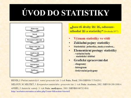 ÚVOD DO STATISTIKY „Jsou tři druhy lží: lži, odsouze-níhodné lži a statistiky“ (Swoboda 1977) Význam statistiky ve vědě Základní pojmy statistiky Statistická.