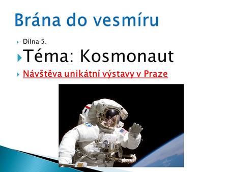  Dílna 5.  Téma: Kosmonaut  Návštěva unikátní výstavy v Praze.