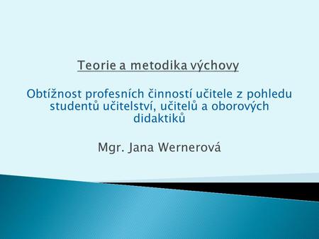 Obtížnost profesních činností učitele z pohledu studentů učitelství, učitelů a oborových didaktiků Mgr. Jana Wernerová.