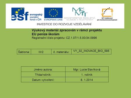 Výukový materiál zpracován v rámci projektu EU peníze školám Registrační číslo projektu: CZ.1.07/1.5.00/34.0996 Šablona:III/2č. materiálu: VY_32_INOVACE_BIO_595.