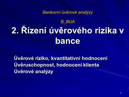 Bankovní úvěrové analýzy B_BUA 2. Řízení úvěrového rizika v bance