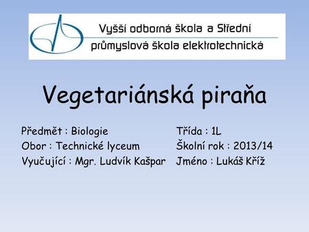 Vegetariánská piraňa Předmět : BiologieTřída : 1L Obor : Technické lyceumŠkolní rok : 2013/14 Vyučující : Mgr. Ludvík KašparJméno : Lukáš Kříž.