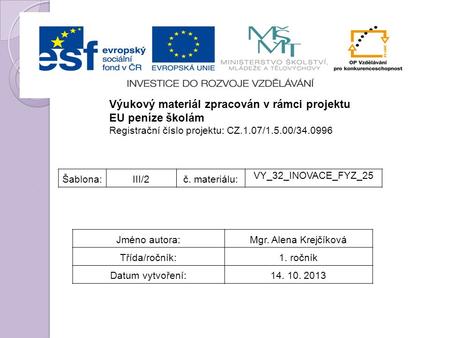 Výukový materiál zpracován v rámci projektu EU peníze školám Registrační číslo projektu: CZ.1.07/1.5.00/34.0996 Šablona:III/2č. materiálu: VY_32_INOVACE_FYZ_25.