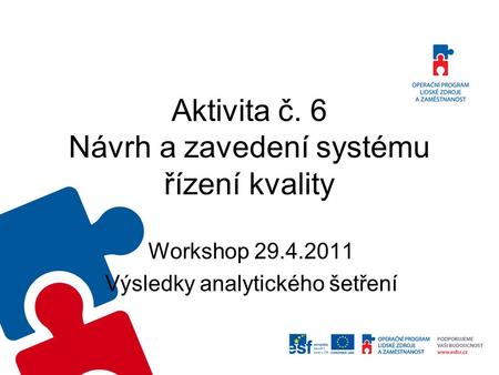 Aktivita č. 6 Návrh a zavedení systému řízení kvality Workshop 29.4.2011 Výsledky analytického šetření.