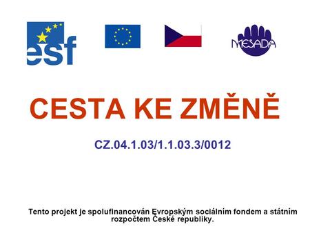 CESTA KE ZMĚNĚ CZ.04.1.03/1.1.03.3/0012 Tento projekt je spolufinancován Evropským sociálním fondem a státním rozpočtem České republiky.