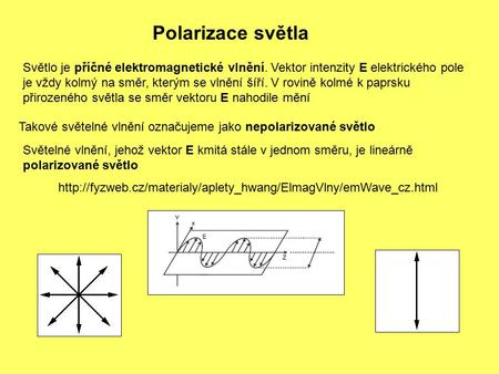 Polarizace světla Světlo je příčné elektromagnetické vlnění. Vektor intenzity E elektrického pole je vždy kolmý na směr, kterým se vlnění šíří. V rovině.