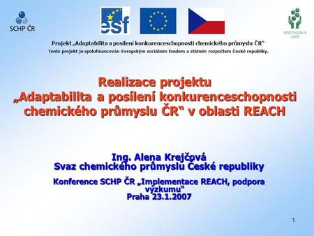 1 RESPONSIBLE CARE Projekt „Adaptabilita a posílení konkurenceschopnosti chemického průmyslu ČR“ Tento projekt je spolufinancován Evropským sociálním fondem.