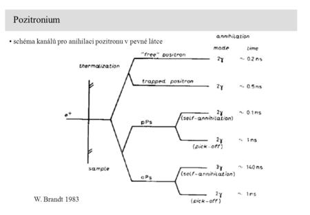 Pozitronium schéma kanálů pro anihilaci pozitronu v pevné látce W. Brandt 1983.