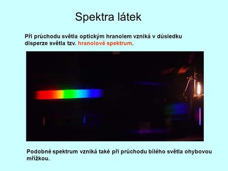 Spektra látek Při průchodu světla optickým hranolem vzniká v důsledku disperze světla tzv. hranolové spektrum.   Podobné spektrum vzniká také při průchodu.
