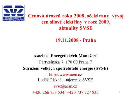 1 Cenová úroveň roku 2008, očekávaný vývoj cen silové elektřiny v roce 2009, aktuality SVSE 19.11.2008 - Praha Asociace Energetických Manažerů Partyzánská.