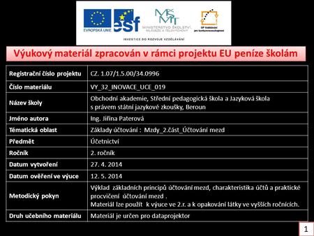 Výukový materiál zpracován v rámci projektu EU peníze školám Registrační číslo projektuCZ. 1.07/1.5.00/34.0996 Číslo materiáluVY_32_INOVACE_UCE_019 Název.