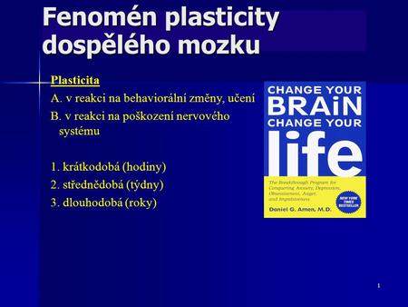 1 Fenomén plasticity dospělého mozku Plasticita A. v reakci na behaviorální změny, učení B. v reakci na poškození nervového systému 1. krátkodobá (hodiny)