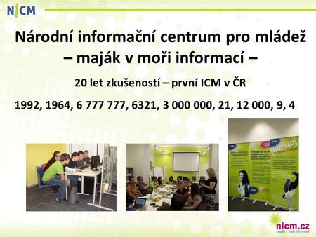Národní informační centrum pro mládež – maják v moři informací – 20 let zkušeností – první ICM v ČR 1992, 1964, 6 777 777, 6321, 3 000 000, 21, 12 000,