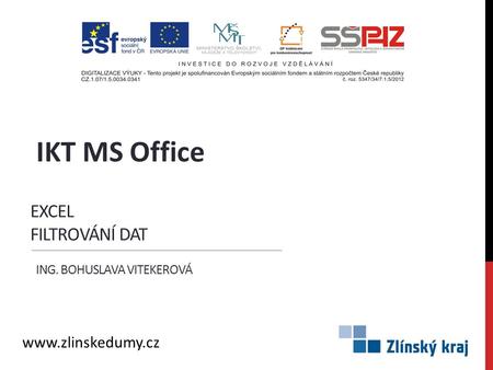 EXCEL FILTROVÁNÍ DAT ING. BOHUSLAVA VITEKEROVÁ IKT MS Office www.zlinskedumy.cz.