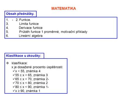 MATEMATIKA Obsah přednášky Funkce. 3. Limita funkce