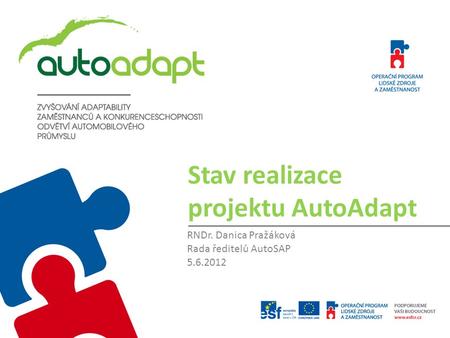 Stav realizace projektu AutoAdapt RNDr. Danica Pražáková Rada ředitelů AutoSAP 5.6.2012.