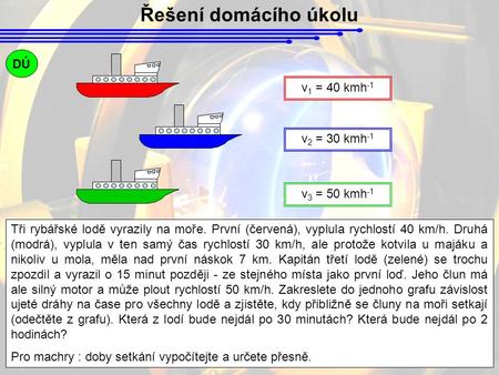 Řešení domácího úkolu DÚ v 1 = 40 kmh -1 v 2 = 30 kmh -1 v 3 = 50 kmh -1 Tři rybářské lodě vyrazily na moře. První (červená), vyplula rychlostí 40 km/h.