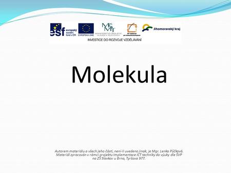 Molekula Autorem materiálu a všech jeho částí, není-li uvedeno jinak, je Mgr. Lenka Půčková. Materiál zpracován v rámci projektu Implementace ICT techniky.