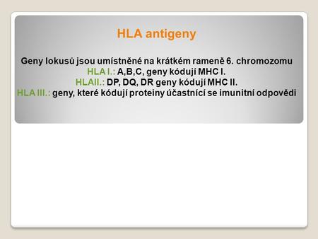 HLA antigeny Geny lokusů jsou umístněné na krátkém rameně 6. chromozomu HLA I.: A,B,C, geny kódují MHC I. HLAII.: DP, DQ, DR geny kódují MHC II. HLA III.: