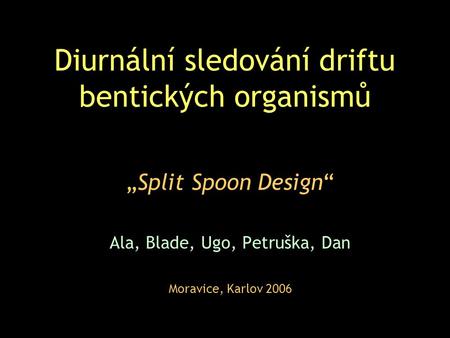 Diurnální sledování driftu bentických organismů „Split Spoon Design“ Ala, Blade, Ugo, Petruška, Dan Moravice, Karlov 2006.