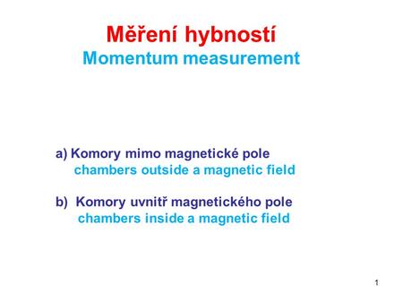 Měření hybností Momentum measurement a)Komory mimo magnetické pole chambers outside a magnetic field b)Komory uvnitř magnetického pole chambers inside.