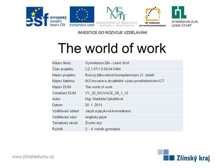 The world of work www.zlinskedumy.cz Název školyGymnázium Zlín - Lesní čtvrť Číslo projektuCZ.1.07/1.5.00/34.0484 Název projektuRozvoj žákovských kompetencí.