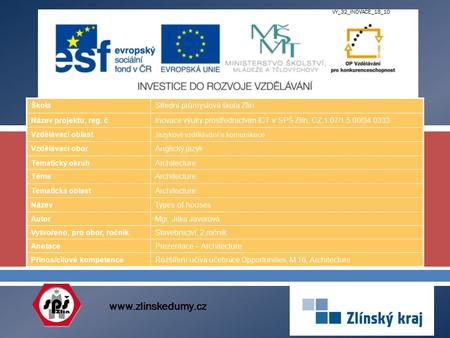  www.zlinskedumy.cz ŠkolaStřední průmyslová škola Zlín Název projektu, reg. č.Inovace výuky prostřednictvím ICT v SPŠ Zlín, CZ.1.07/1.5.00/34.0333 Vzdělávací.