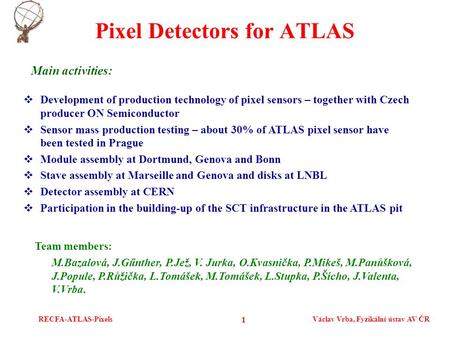 RECFA-ATLAS-PixelsVáclav Vrba, Fyzikální ústav AV ČR 1 Pixel Detectors for ATLAS  Development of production technology of pixel sensors – together with.