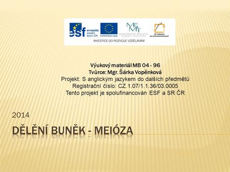2014 Výukový materiál MB 04 - 96 Tvůrce: Mgr. Šárka Vopěnková Projekt: S anglickým jazykem do dalších předmětů Registrační číslo: CZ.1.07/1.1.36/03.0005.