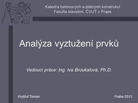 Analýza vyztužení prvků Vedoucí práce: Ing. Iva Broukalová, Ph.D.
