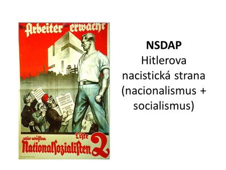NSDAP Hitlerova nacistická strana (nacionalismus + socialismus)