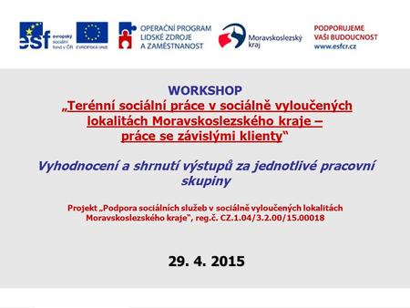 „ WORKSHOP „Terénní sociální práce v sociálně vyloučených lokalitách Moravskoslezského kraje – práce se závislými klienty“ Vyhodnocení a shrnutí výstupů.