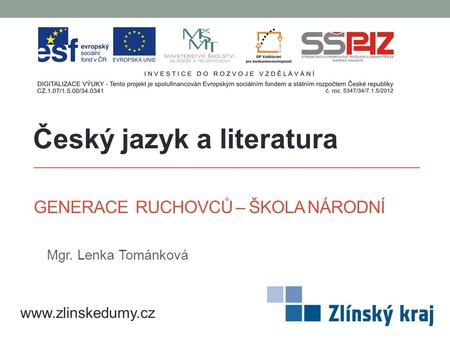GENERACE RUCHOVCŮ – ŠKOLA NÁRODNÍ Mgr. Lenka Tománková Český jazyk a literatura www.zlinskedumy.cz.